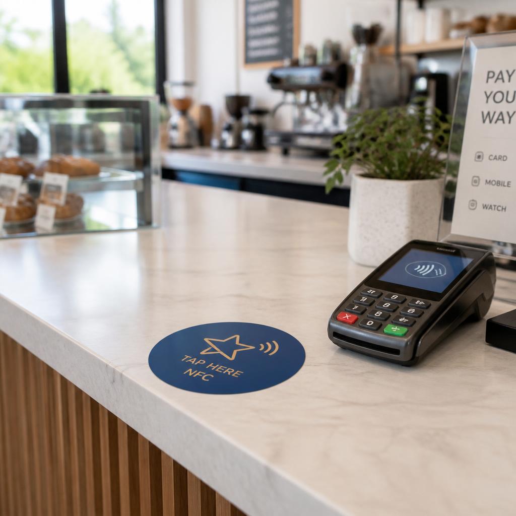 A round blue TapRate NFC sticker on a cafe checkout counter beside a card reader