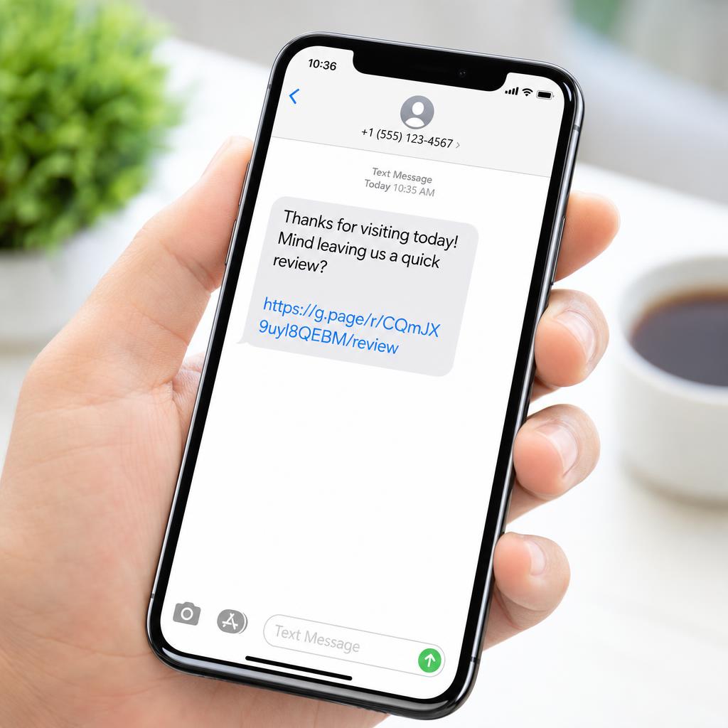 A phone showing an automated TapRate text message asking a customer for a quick review